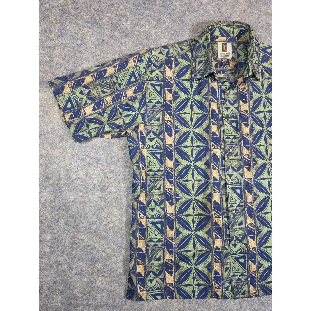 Tori Richard Honolulu Mens Medium Blue Green Tribal Geometric Cotton Aloha Shirt - Picture 2 of 9